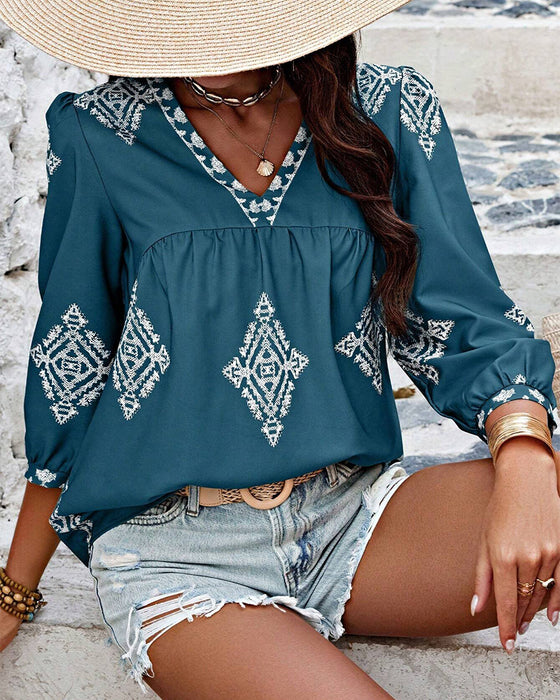 Bluse mit V-Ausschnitt Diamantmuster Dreiviertelärmel