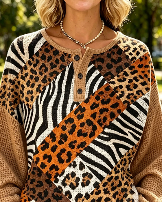 Sweatshirt Leopard Druck Patchwork Rundhals