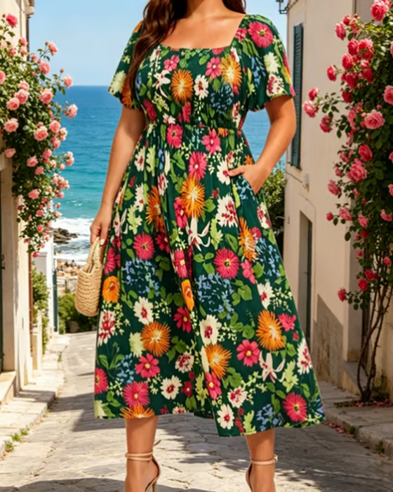 Kleid Quadratischer Ausschnitt Große Blume Midi