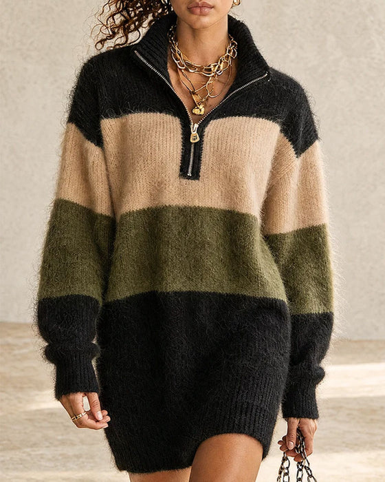 Kleid Farbblock Halber Reißverschluss Rollkragen Lang Sweater