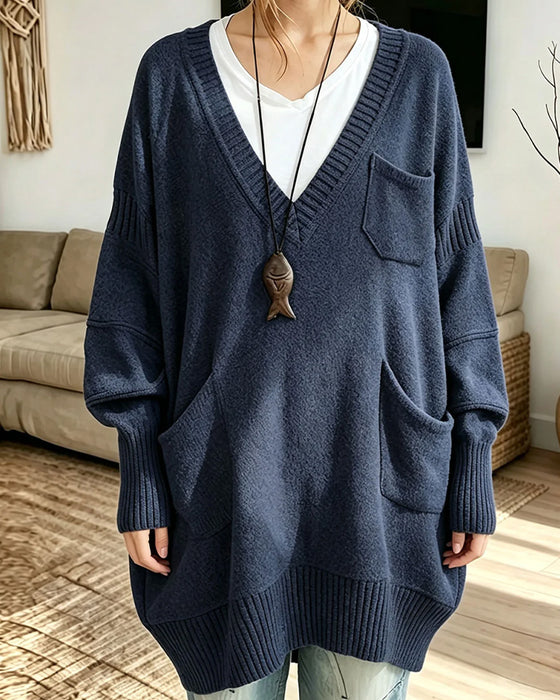 Pullover V-Ausschnitt Tasche Lang