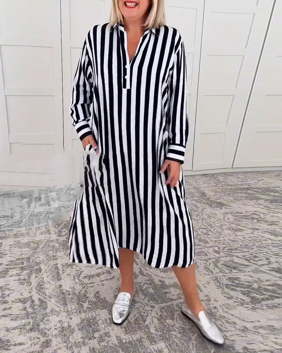 Kleid Revers Gestreift Tasche