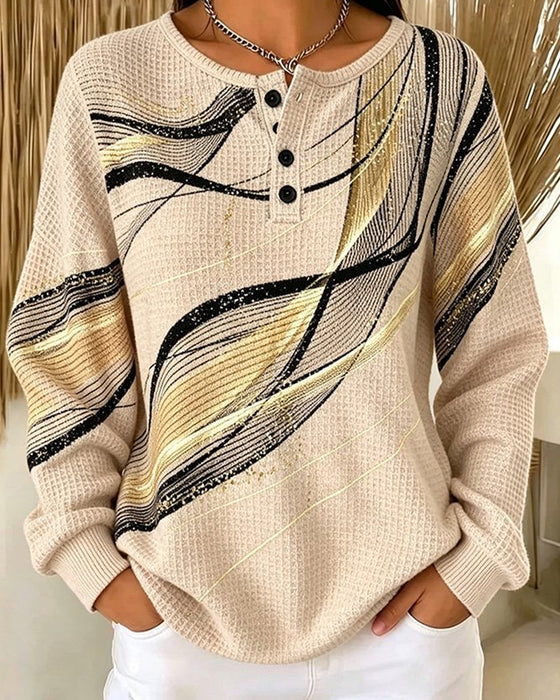 Sweatshirt Rund-Hals Knopf-Leiste Gestreift