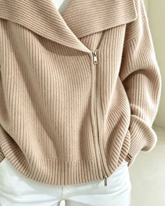 Strickjacke Großer Revers Diagonaler Reißverschluss