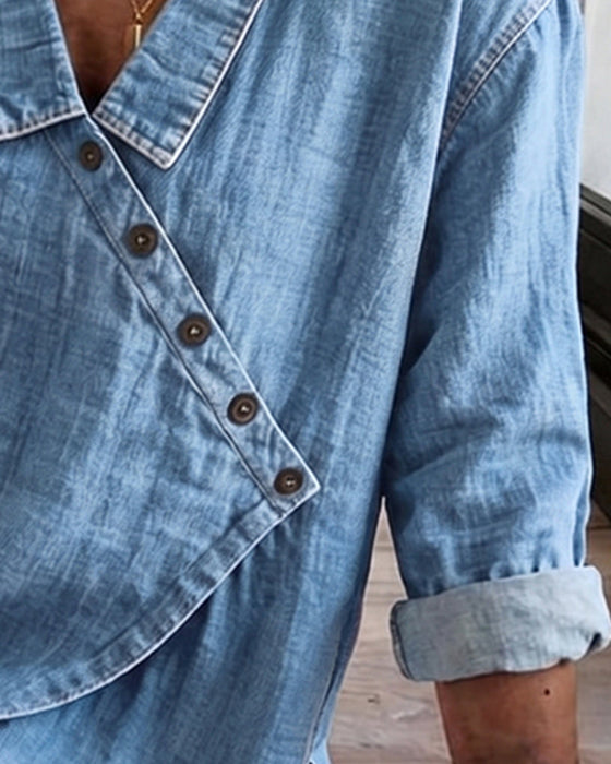 Bluse Einfarbig Diagonaler Knopf Revers Langarm
