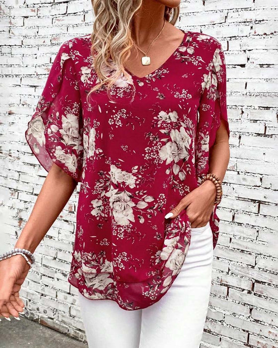 Bluse V-Ausschnitt Bedruckt Doppel-Layer Kurzarm