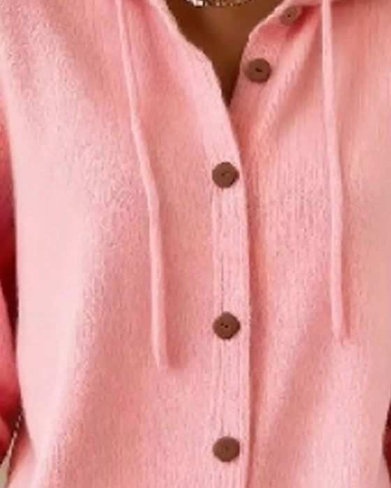 Cardigan Einfarbig Kapuze Knopfleiste