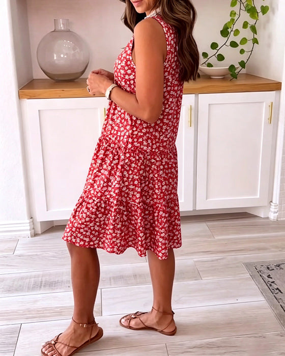 Kleid V-Ausschnitt Ärmellos Blumen A-Linie