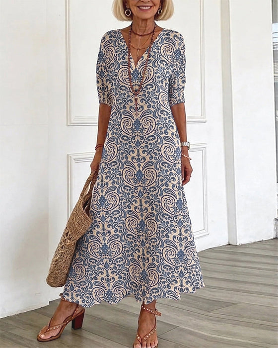 Kleid Vintage Blumenmuster V-Ausschnitt Maxi