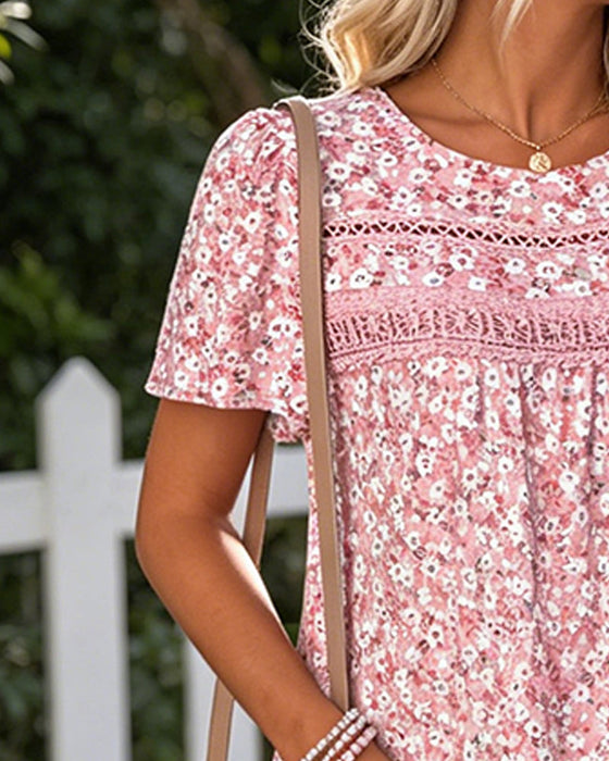 Kleid Rundhals Blumig Gestuft