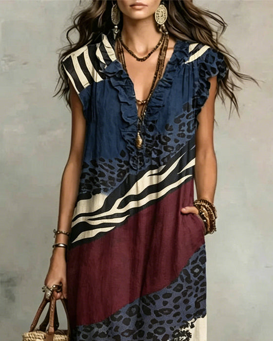 Kleid V-Ausschnitt Rüsche Muster Patchwork