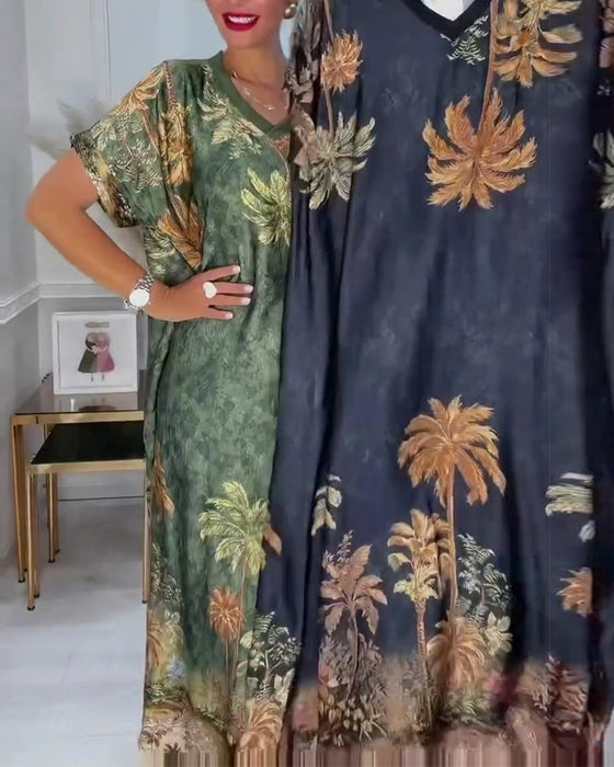 Kleid V-Ausschnitt Palmenbaum Druck Kurzarm Lang