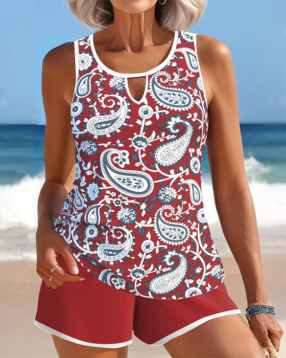 Tankini Ärmellos Bedruckt Ausschnitt Boyshorts