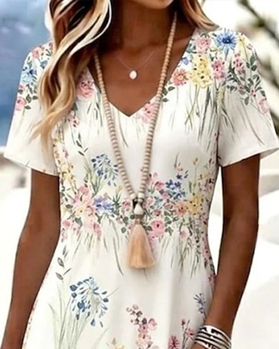 Kleid V-Ausschnitt Blumen Kurzarm A-Linie