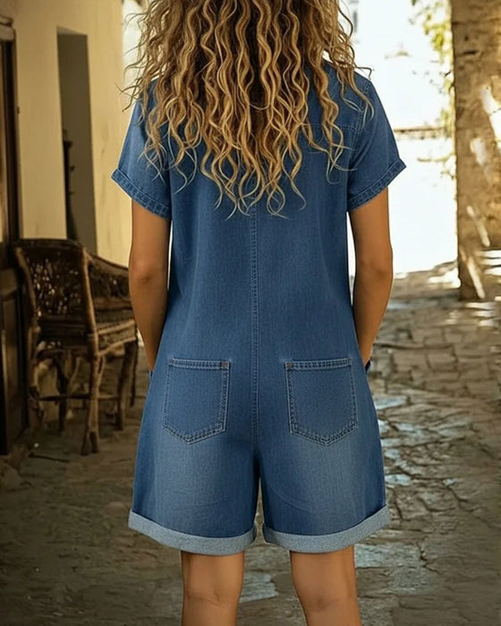 Jumpsuits aus Denim mit kurzen Ärmeln