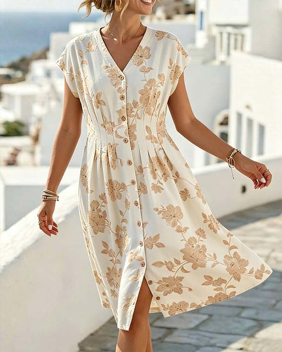 Kleid V-Ausschnitt Print Tailliert Knopfleiste