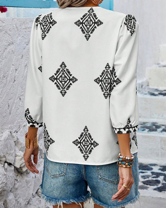 Bluse mit V-Ausschnitt Diamantmuster Dreiviertelärmel