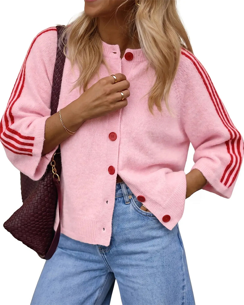 Cardigan Gestreift 3/4 Ärmel Knopf