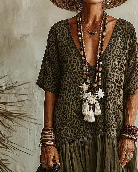 Kleid Lässig Leopardenmuster Maxi