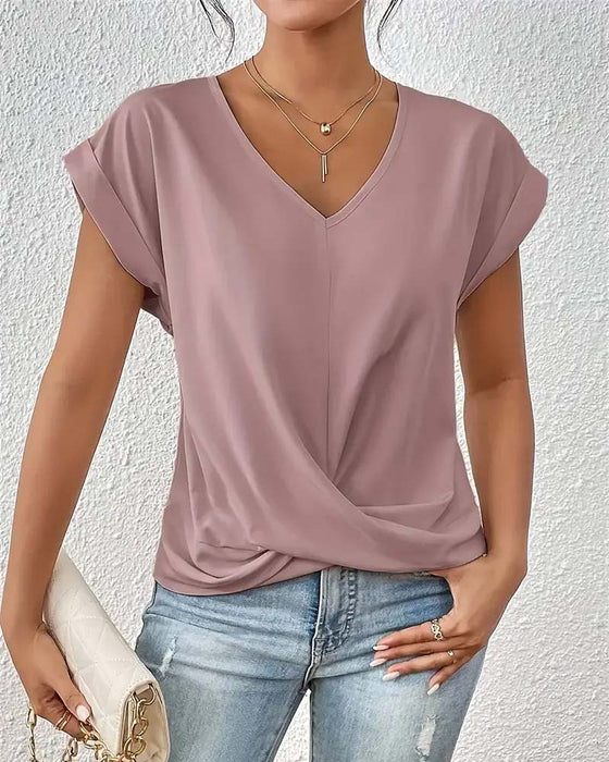 T-Shirt V-Ausschnitt Einfarbig Elegant Kurzarm