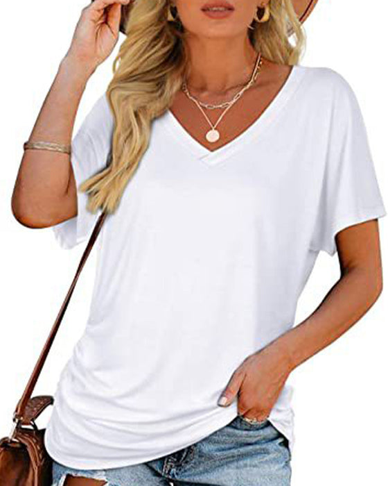 T-Shirt Plissiert Einfarbig V-Ausschnitt