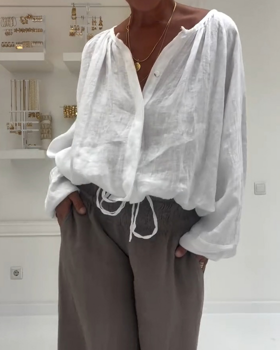 Bluse 100 % Baumwolle Langarm Geraffte Binde