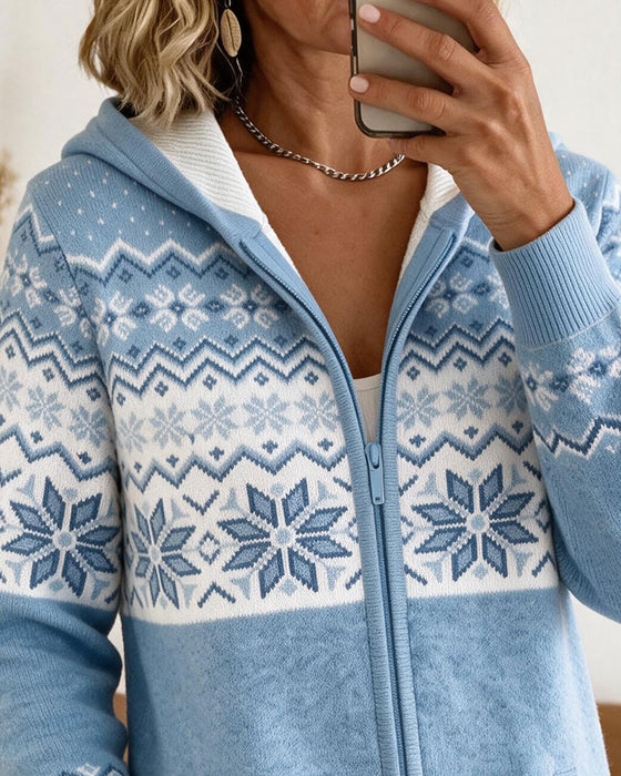 Strickjacke Mit Kapuze Reißverschluss Schneeflocke Druck