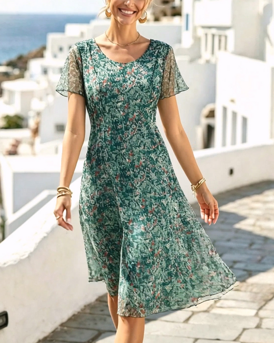 Kleid Blumig Kurzarm A-Linie
