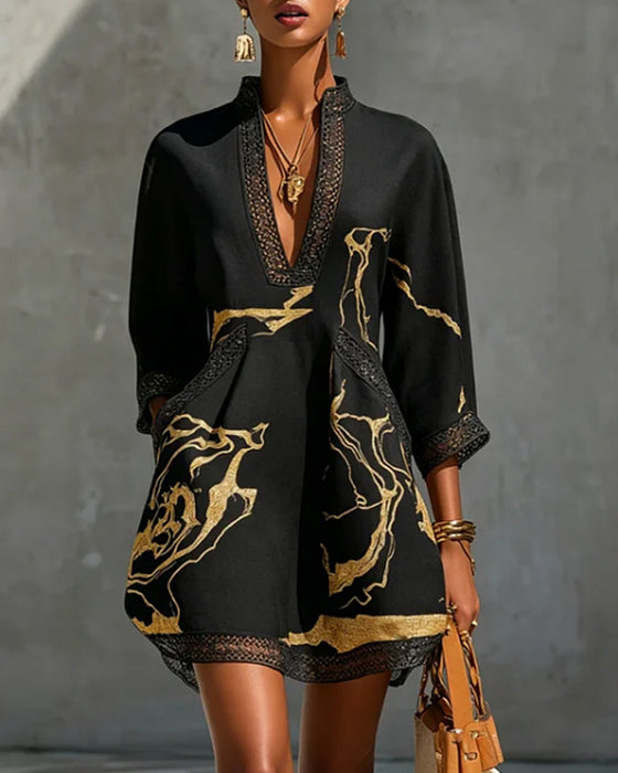 Kleid Stehkragen Halbärmel Hohl