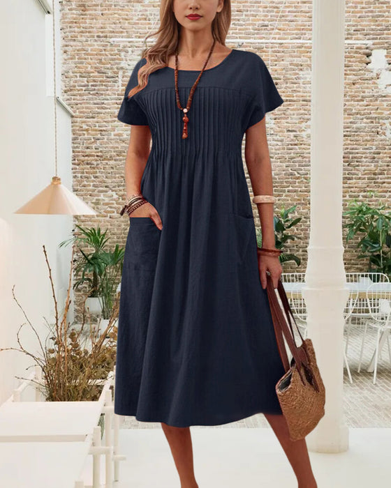 Kleid plissiert kurzärmlig Baumwolle und Leinen