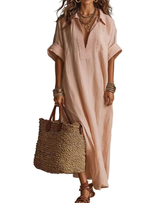 Kleid Locker Uni Kurzer Ärmel Maxi