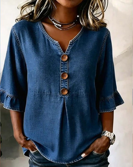 Bluse V-Ausschnitt Ausgestellter Ärmel Denim