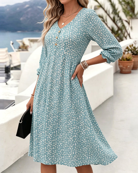 Kleid V-Ausschnitt Blumig Puffärmel A-Linie