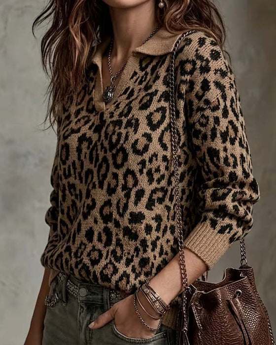 Pullover Revers Leopard V-Ausschnitt