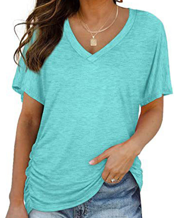 T-Shirt Plissiert Einfarbig V-Ausschnitt