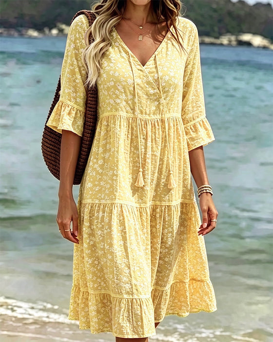 Kleid Binden V-Ausschnitt Rüsche Blumig A-Linie