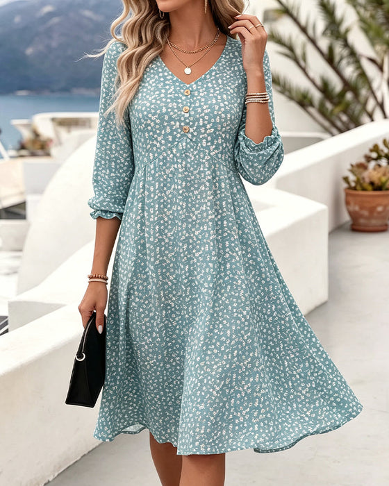 Kleid V-Ausschnitt Blumig Puffärmel A-Linie