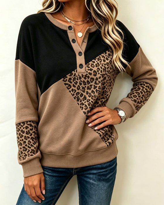 Sweatshirt Kontrast Geknöpft Leopardenmuster
