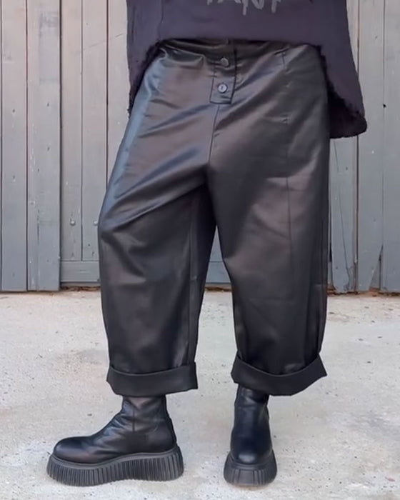 Hose Hohe Taille Weites Bein Aufgerollter Saum