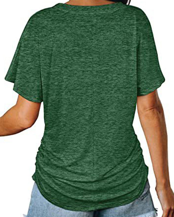 T-Shirt Plissiert Einfarbig V-Ausschnitt