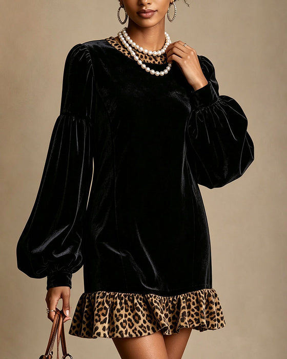 Kleid Rundhals Ballonärmel Leopardenmuster