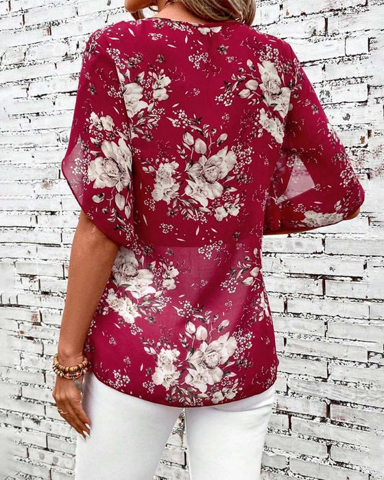 Bluse V-Ausschnitt Bedruckt Doppel-Layer Kurzarm