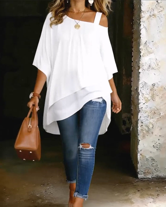 Bluse Asymmetrisch Cold Shoulder Einfarbig Lässig