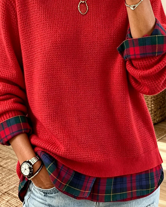 Pulli Rundhals Karo Patchwork Fake Zweiteilig