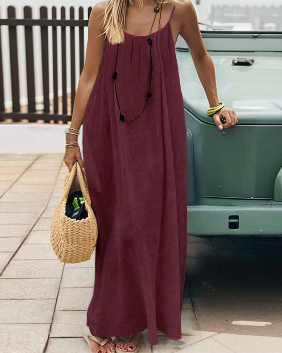 Kleid Uni Farbe Rüschen Rückenfrei Spaghetti Träger Maxi