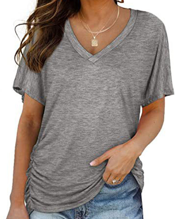 T-Shirt Plissiert Einfarbig V-Ausschnitt