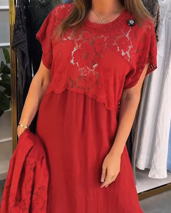 Kleid Elegant Spitzenbesatz Patchwork Maxi