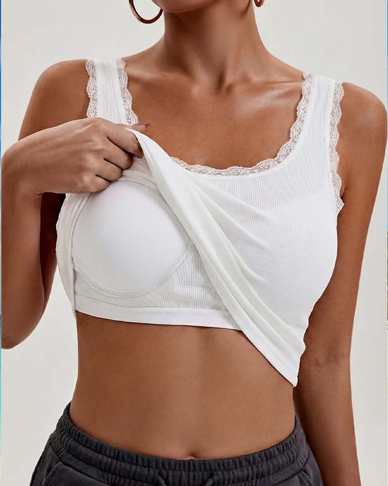 Tank Top Damen Lässig Spitze Besatz Gepolstert