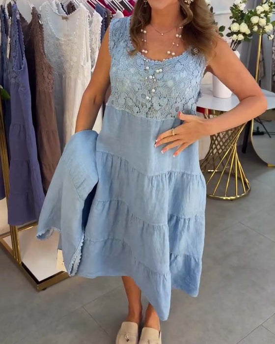Kleid Rundhals Ärmellos Spitze Lagen