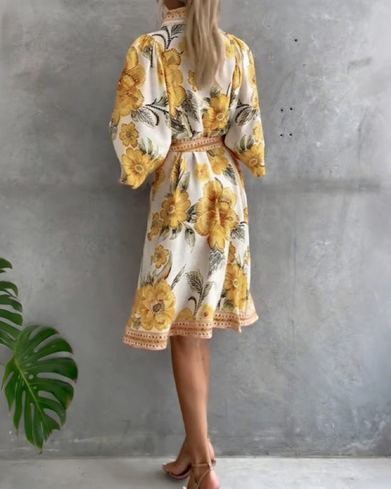 Lampenärmel Kleid mit Reverskragen und Print